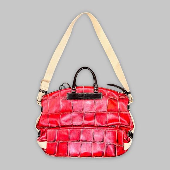 Vintage Dooney & Bourke Red Croc-Embossed Leather Satchel with Canvas Strap - Picture 2 of 6